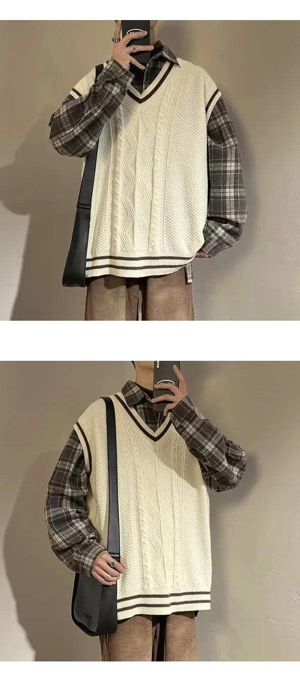 Description Picture 6 of itemMen Sweater Vests Thickening Autumn Winter V-neck Sleeveless Knitted Tops Warm Ins Loose Striped Casual Male Baggy Korean Style