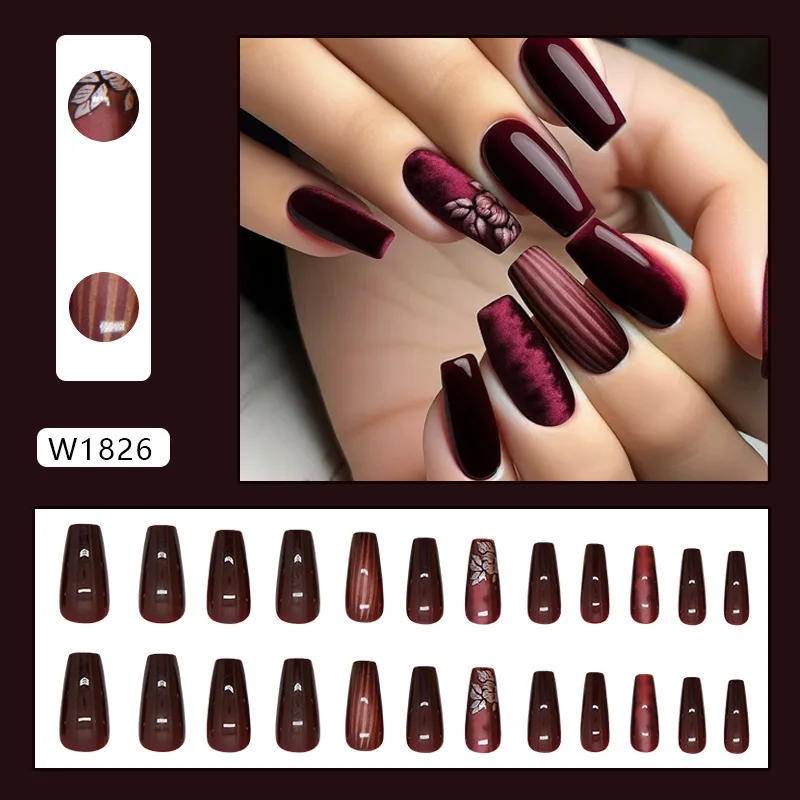 Description Picture 5 of itemDark Red Charm 24 Pcs Press on Nails Pink Gradient Fake Nails Glossy Artificial Finger Manicure Reusable False Nails for Women