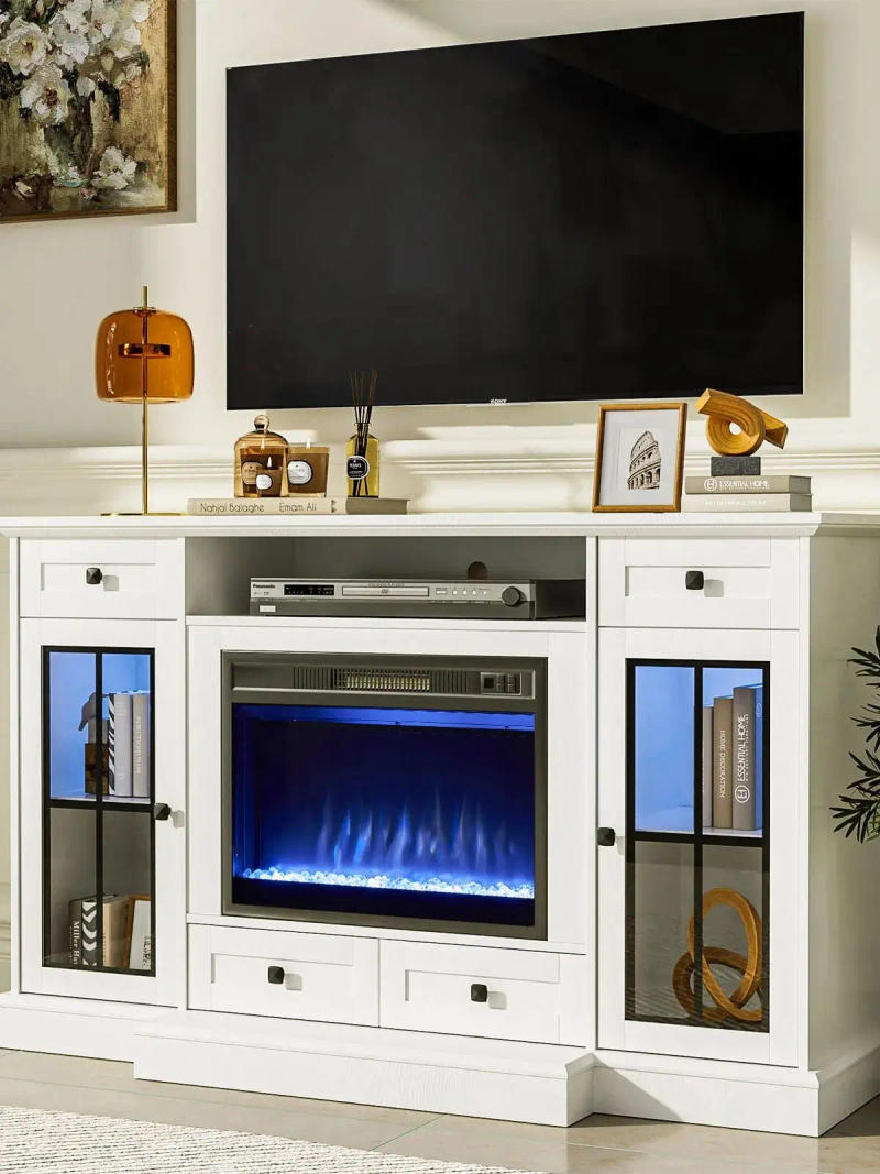 Description Picture 3 of item58" Fireplace TV Stand, TV Cabinet For TVs Up To 65 Inch, Entertainment Center With 23" Electric Fireplace, Glass Doors, Media C