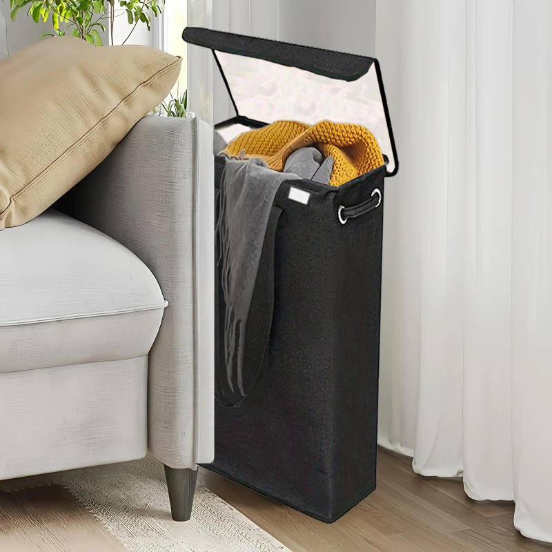 Description Picture 6 of item1pc Foldable Slim Laundry Basket With Lid, Dirty Clothes Storage Basket, Organization Bathroom Bedroom Laundry Room Dorm