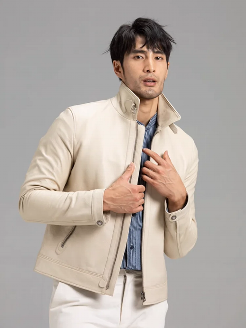 Description Picture 6 of itemItalian Designer Mens Slim Fit Beige Goatskin Business Work Coat Zipper Short Genuine Leather Jacket Autumn Real Leather Coats