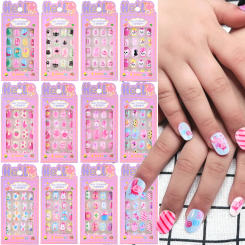 24Pcs/box Cartoon Girl Kids Fake Nails Kawaii Cat/Horse/Rabbit/Bear False Nails Tips Press on Nails with Jelly Glue +1 Pcs File*
