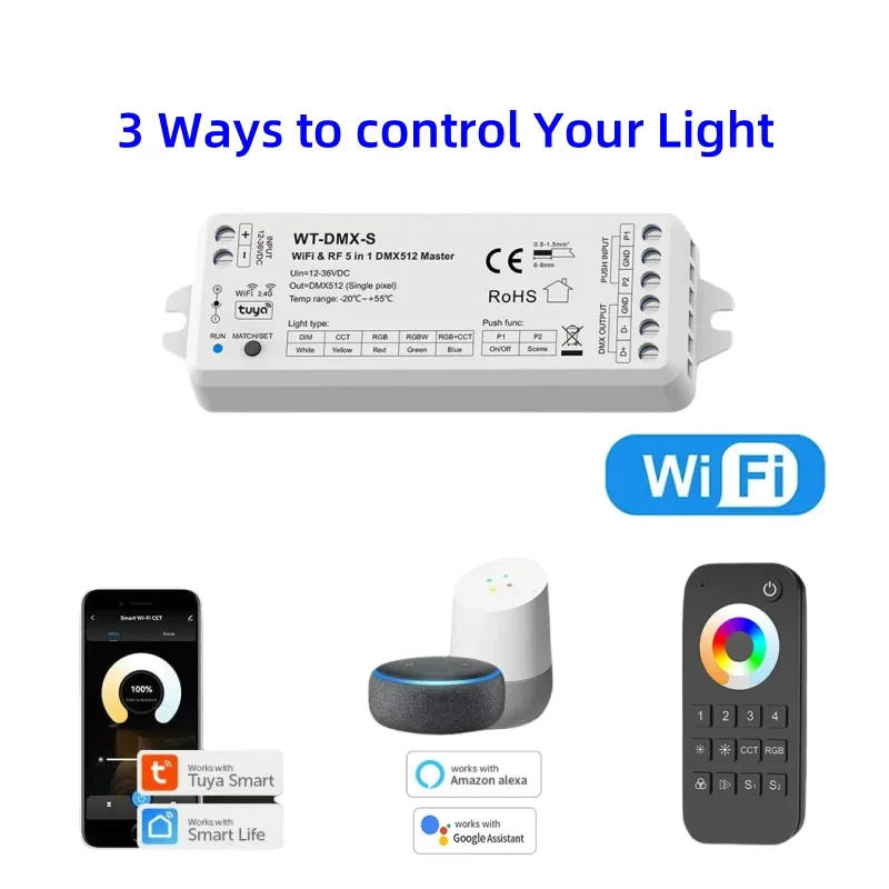 Description Picture 3 of itemWT-DMX-S 5 in1 Tuya WiFi RF DMX512 Master 5CH DMX Signal Output and RT5 Push Dimming Voice Smart Control 4Zone remote Controller