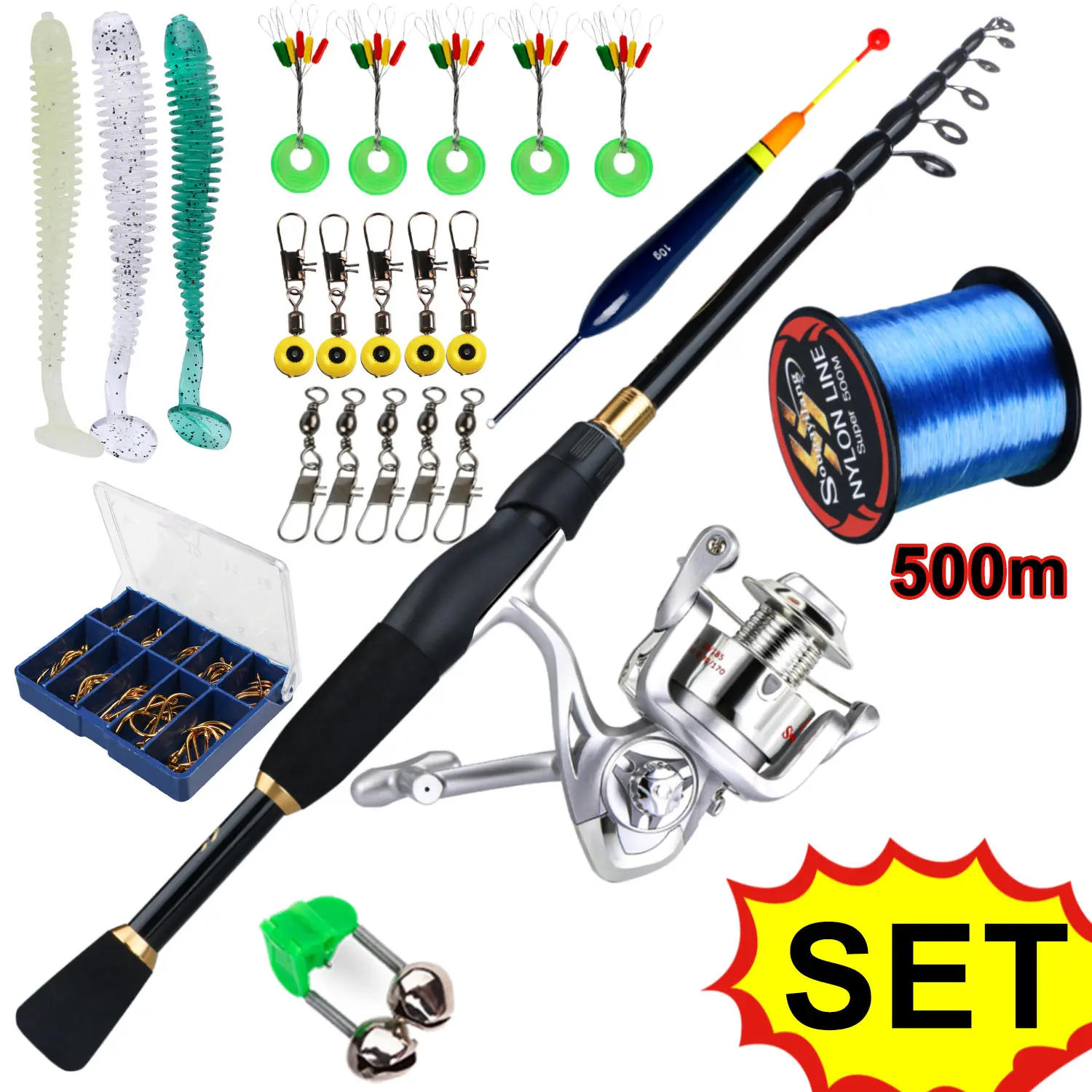Description Picture 5 of itemSougayilang Telescopic Fishing Combo 1.8-2.4m Carbon Fiber Rod and 5.2:1 6BB Spinning Reel with 500m Fishing Line Accessories