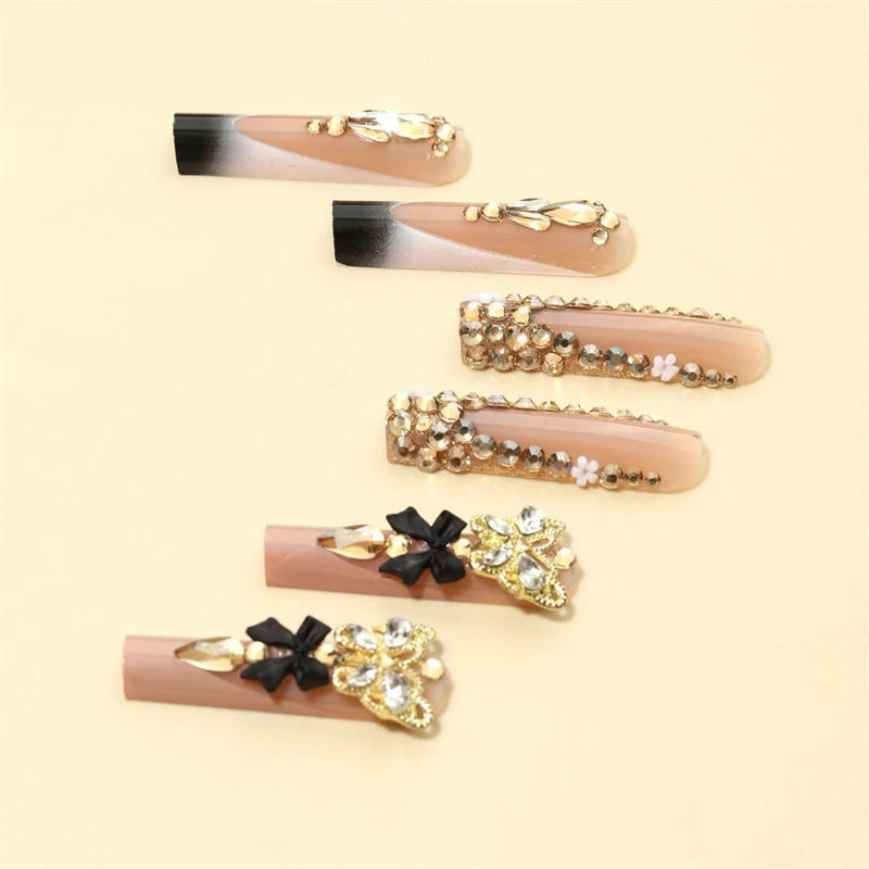 Description Picture 5 of item24pcs Long Coffins Press On Nails Wearable False Nails Black Bowknot with Rhinestones French Design Glitter Fake Nails Tips