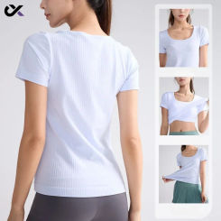 Yoga Sports Threaded  Short Sleeved Women with Fixed Chest Pads Fitness Yoga Clothes Summer Thin Oversized Fitness Short Sleeved