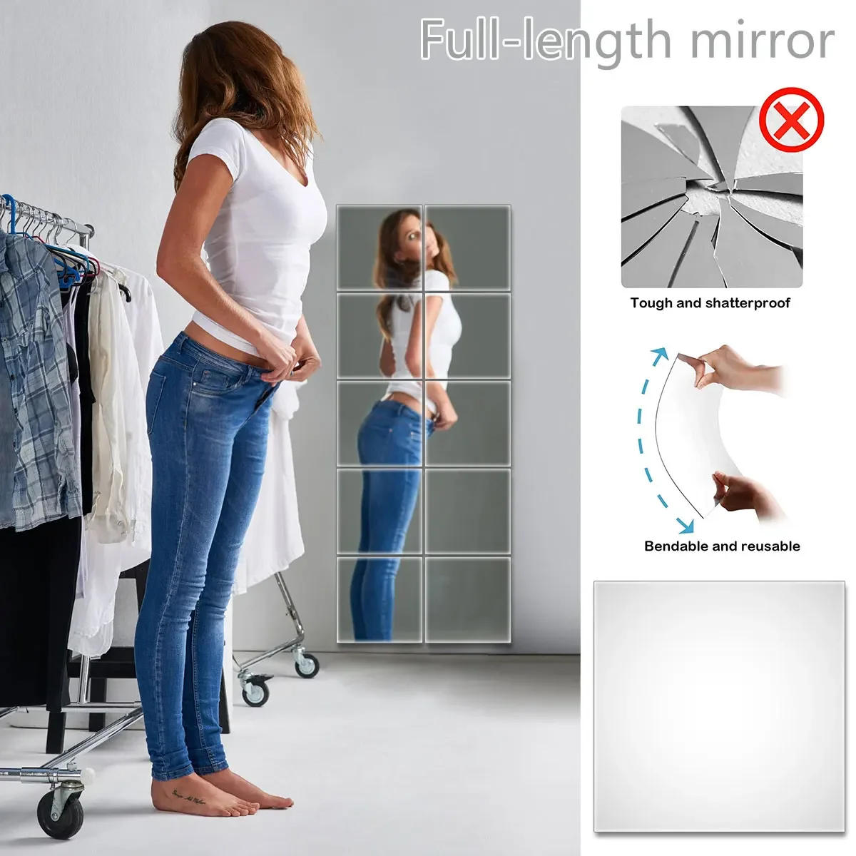Description Picture 3 of item2mm Acrylic Mirror Wall Stickers Unbreakable Acrylic Full Length Wall Mirror Tiles Decal for Door Baby Kids Living Room Decor
