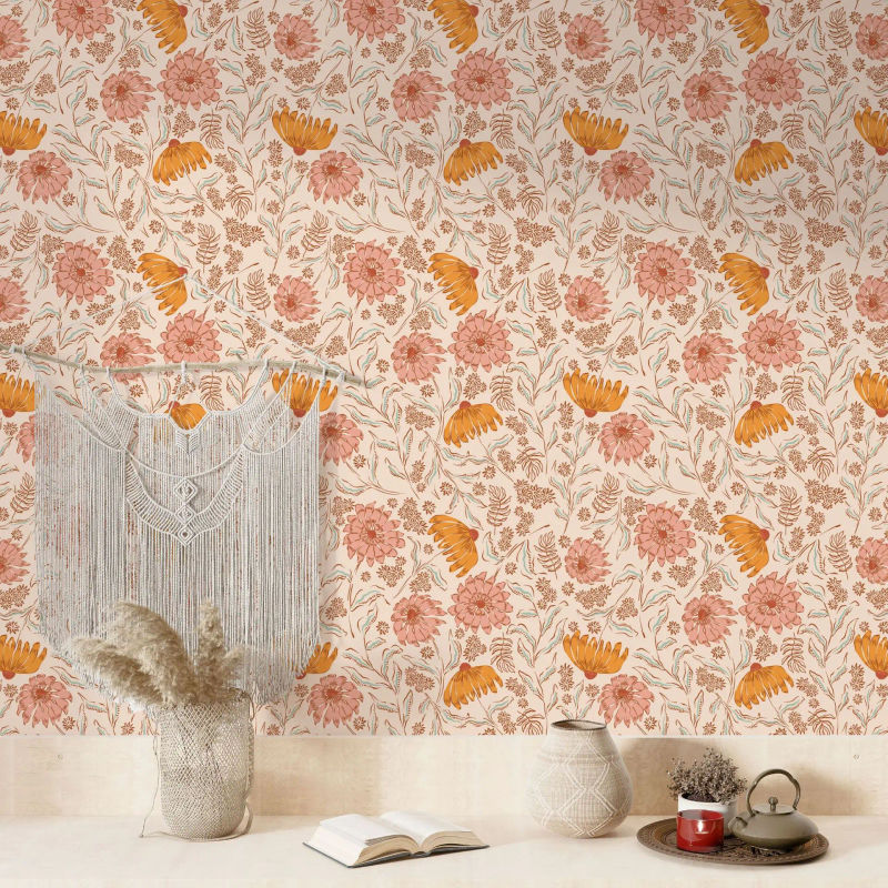 Description Picture 5 of itemAmerican Vintage Floral Wallpaper Peel and Stick Boho Flower Contact Paper Retro Self Adhesive Removable Daisy Wall Mural Decor
