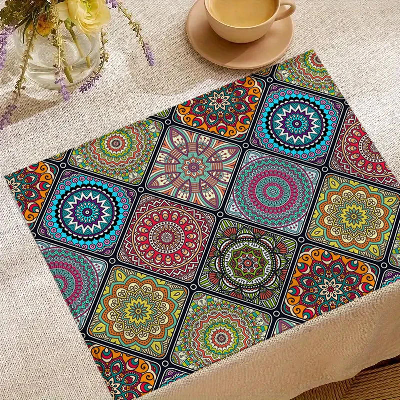 Description Picture 3 of item4pcs Boho Mandala Placemats Mexican Ethnic Traditional Pattern With Geometric Plaids Bohemian Flower Table Place Mats