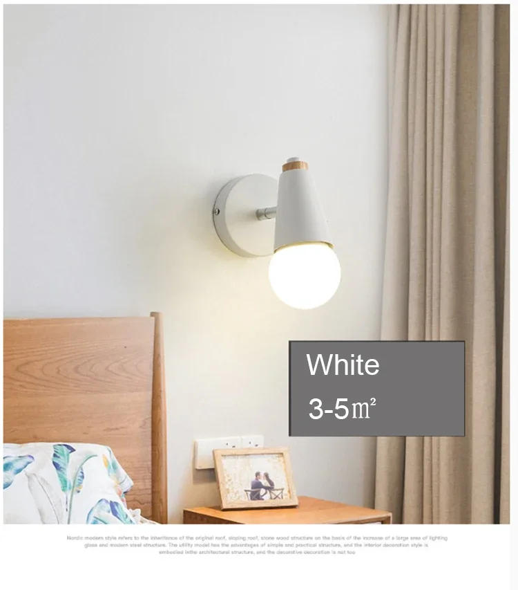 Description Picture 5 of itemModern Macaron Wall Lamp Iron Wood Mirror Light Bedside Bedroom Indoor Lighting E27 Light Bulb Retro  LED Wall Light Nordic