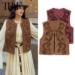 Women Embroidered Vest Top O Neck Faux Suede Women's Sleeveless Vest Casual Loose Waistcoat Woman Chic Lady Top Street Outwear