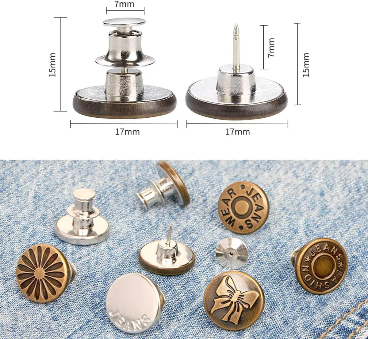 Description Picture 4 of item4/8Pcs Adjustable Jeans Button Pins Pant Waist Tightener No Sew Jean Button Pins for Pants Clothing Button Accessories