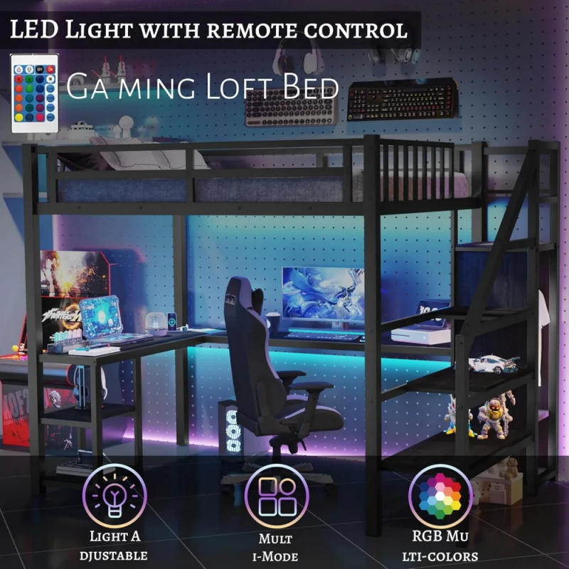 Description Picture 4 of itemFull Size Loft Bed with Stairs and Desk, Metal Gaming Loft Bed with RGB LED Light, Heavy-duty Steel Loft Bed Frame