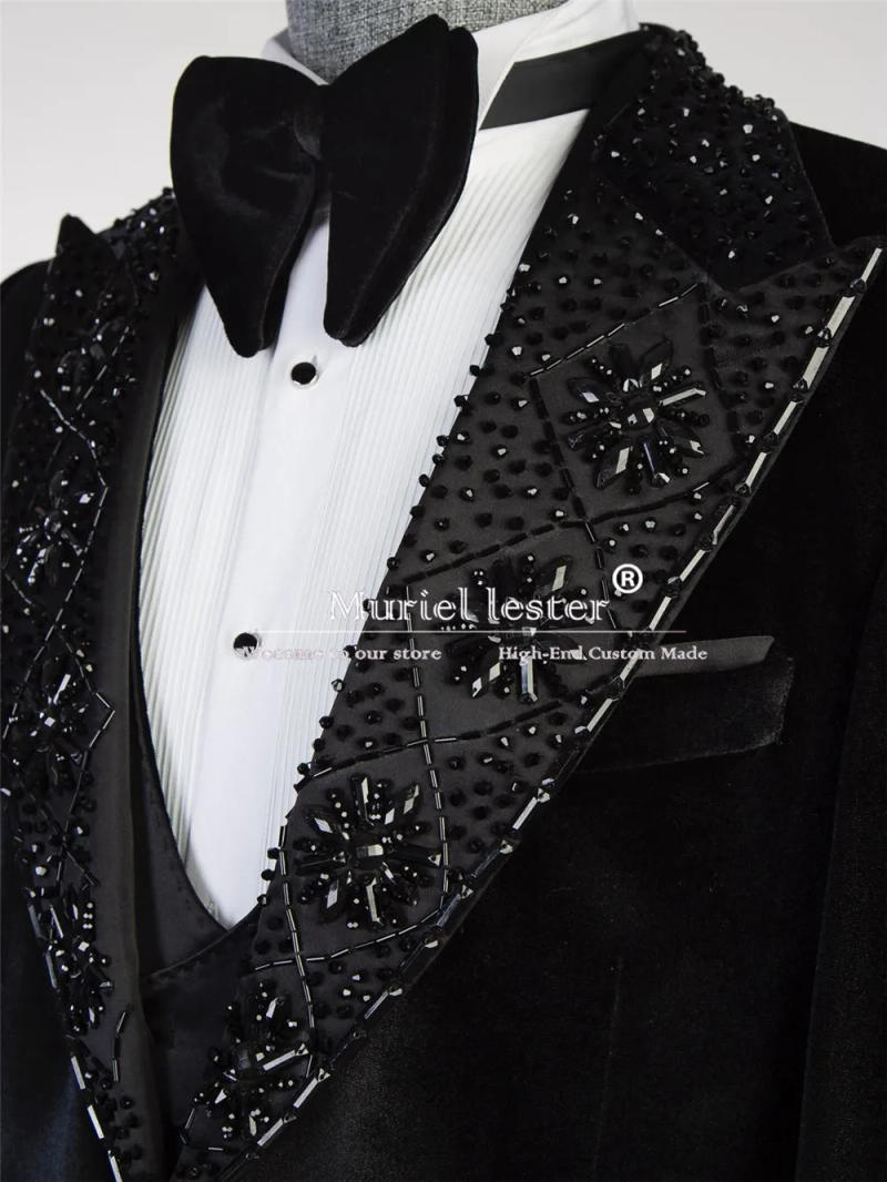 Description Picture 5 of itemRoyal Velvet Wedding Tuxedos Luxury Handmade Beaded Stoned Jacket Vest Pants 3 Pieces Set Men's Suits Formal Party Costume Homme