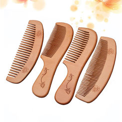 4pcs Peach Wooden Combs Carved Pocket Wood Comb Anti-static Massage Combs (Handle Fine Serration + Handle Wide Serration + Moon