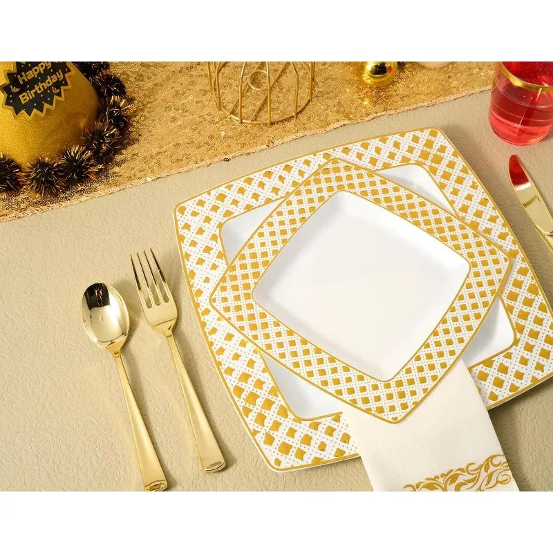 Description Picture 5 of item175 Piece Gold Dinnerware Set for 25 Guests- Square Plastic Plates with Diamond- Including Disposable 25 Dinner Plates
