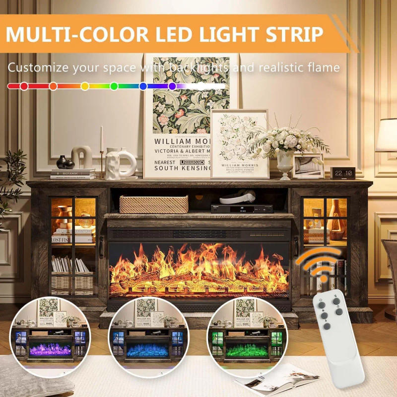 Description Picture 5 of item36 Inch 3-Sided Glass Fireplace TV Stand for TVs up to 80", Rustic Media Entertainment Center Console Table with Glass Door