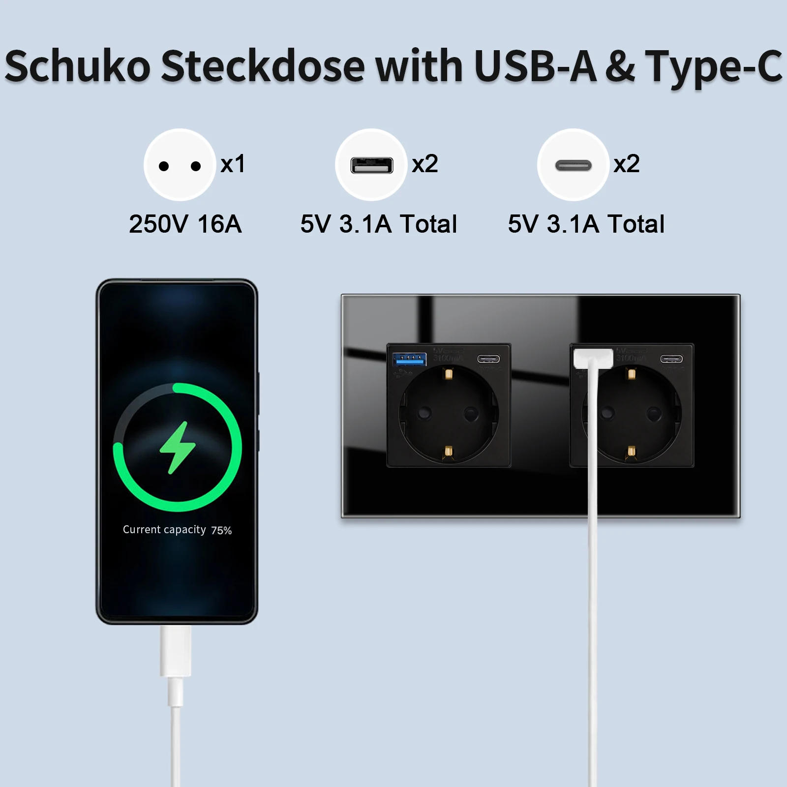 Description Picture 6 of itemBingoelec Single/Double EU Socket with Wall Touch Switches Black Double Electric Sockets Triple Power Outlets USB Type-C Ports