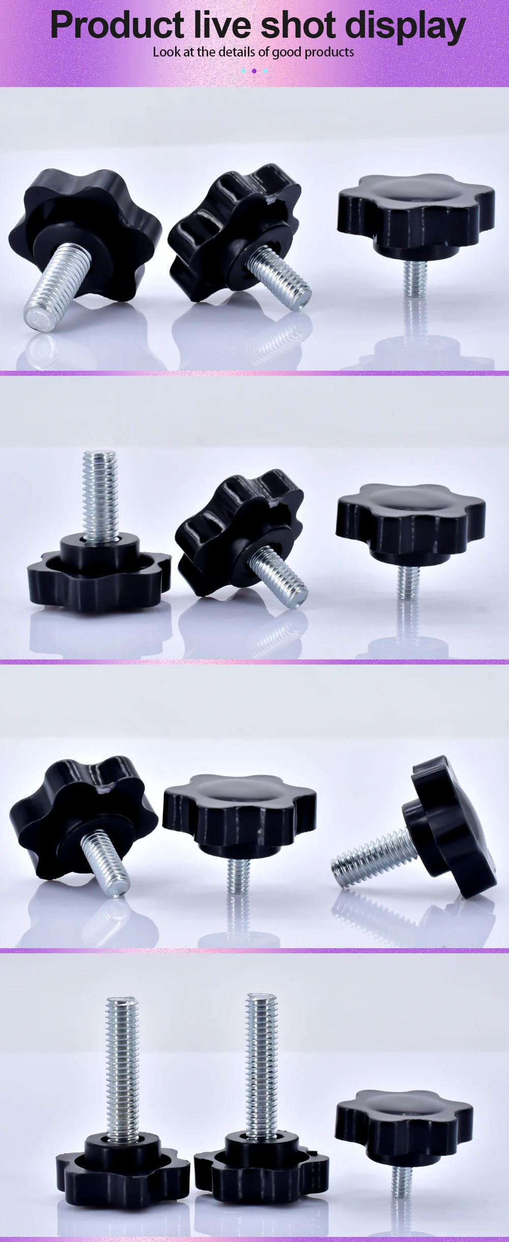 Description Picture 6 of item20-200pcs M4 M5 M6 M8 M10 Black Plum Bakelite Hand Tighten Screw Handle Bolt Thread Star Shaped Clamping Nuts Knob Carbon Steel