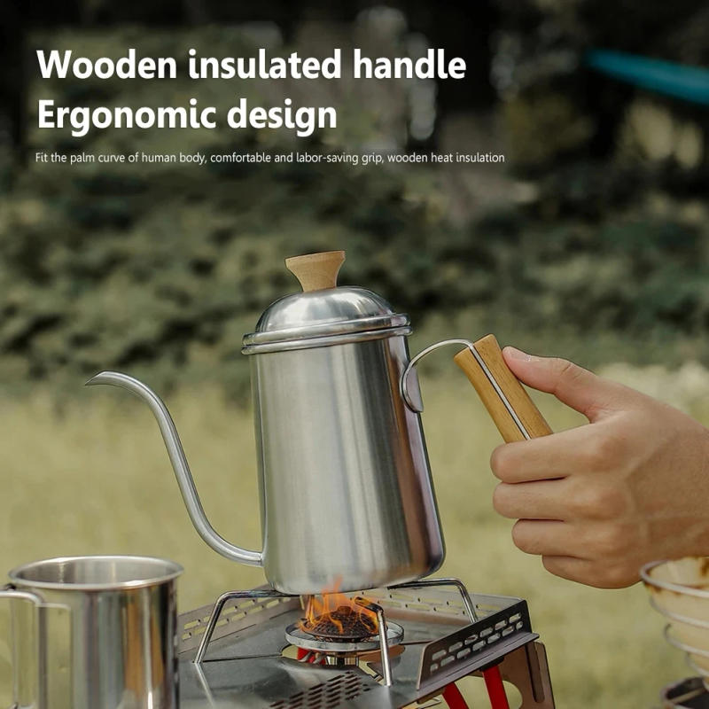 Description Picture 4 of itemOutdoor Coffee Pot Stainless Tea Kettle Camping Tableware Wooden Handle 650ml Coffee Kettle Tea Pot Filter Cup Bean Grinder