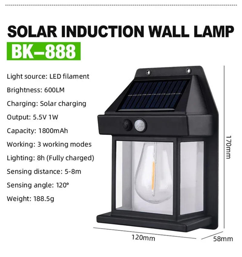 Description Picture 4 of itemOutdoor Solar Wall Lamp Waterproof Tungsten Filament Lamp Induction Lamp Household Garden Wall Light Villa Lighting Night Light