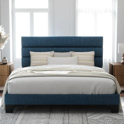 King Size Navy Blue Platform Bed Frame with Fabric Upholstered Headboard and Wooden Slats Support, Fully Upholstered Mattress