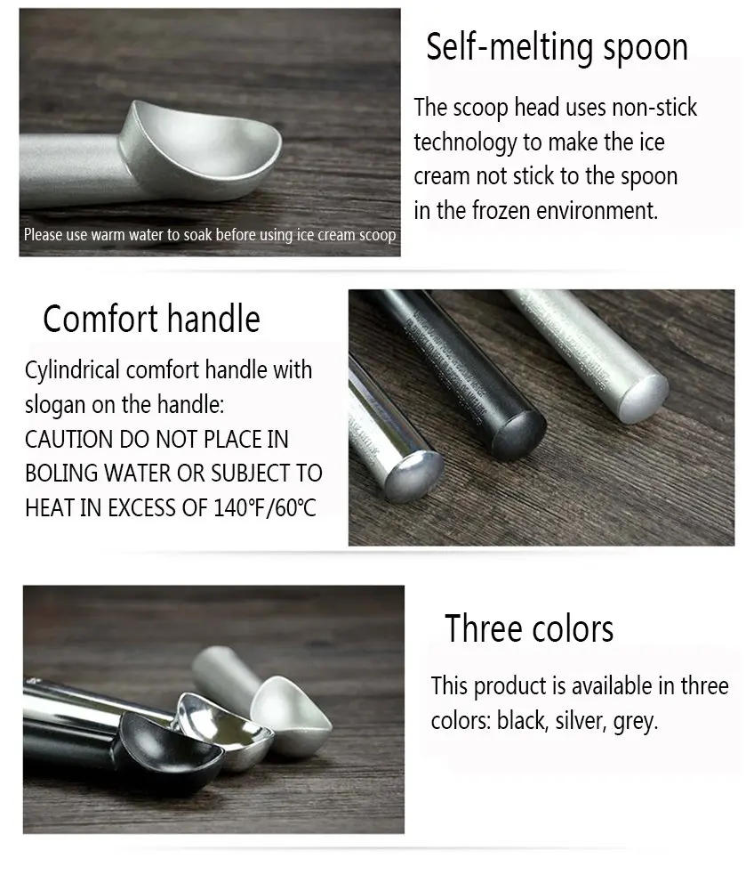 Description Picture 3 of itemNon-Stick Anti-Feeze Ice Cream Scoop with Unique Liquid Filled Heat Conductive Handle Simple One Piece Aluminum 1.5 and 2 Ounce