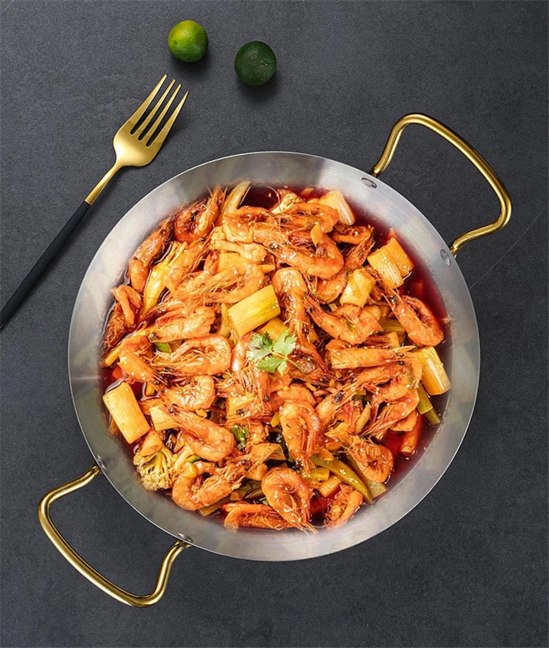 Description Picture 6 of itemSpanish Seafood Rice Pot Double ear golden frying pan Pasta dish Round steak plate panelas olla Stainless steel dry pot utensils