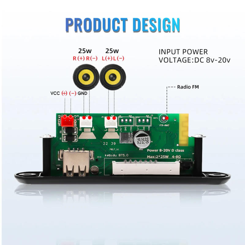 Description Picture 2 of item50W Amplifier MP3 WAV APE Decoder Board DC 9V 12V 18V Bluetooth 5.0 Car MP3 Player USB Record FM AUX Radio For Speaker Handsfree