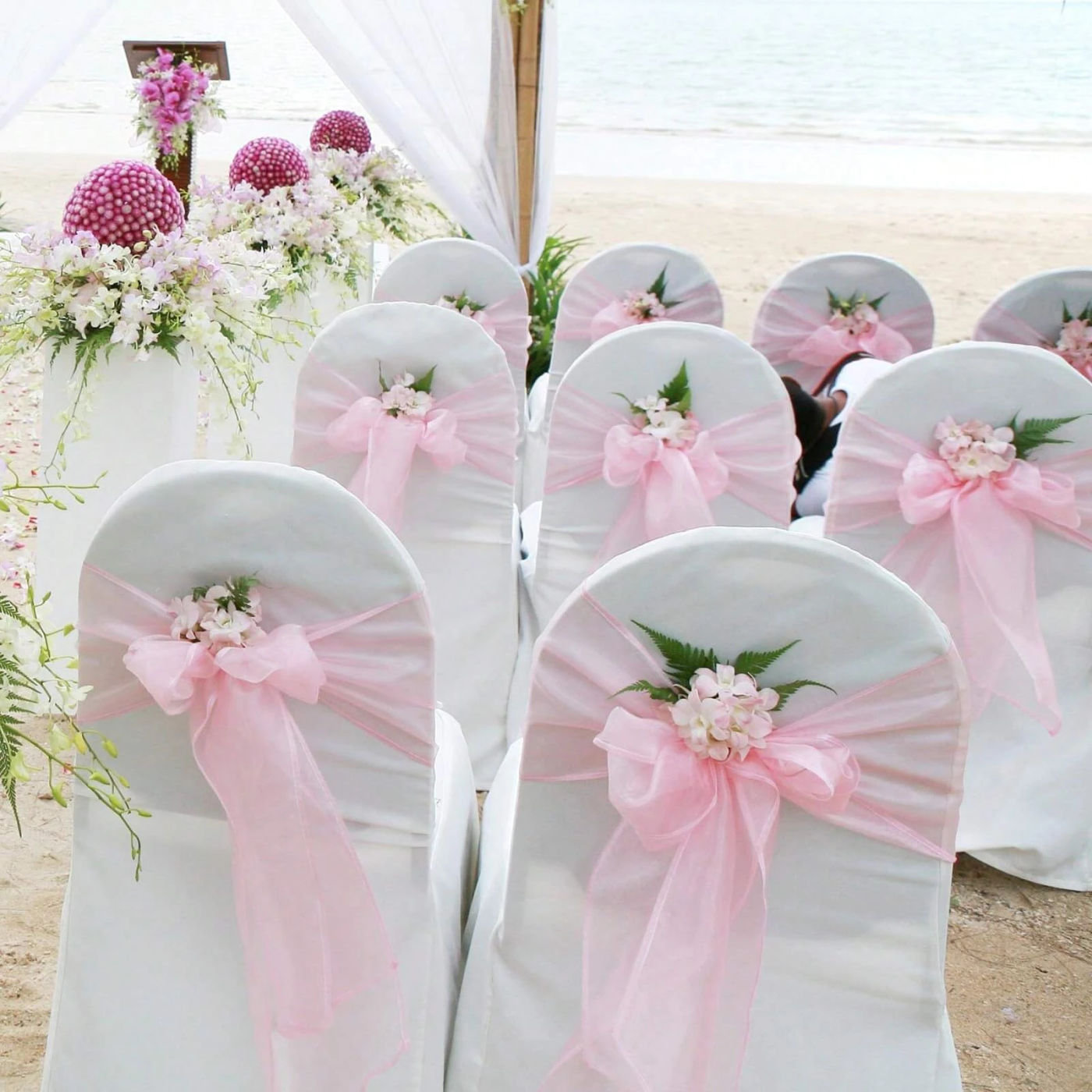Description Picture 3 of item10pcs Organza Chair Sashes Knot Bands Chair Bows for For Wedding Party Banquet Event Country Wedding Chair Decoration