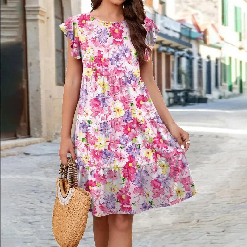 Description Picture 5 of itemNew Women's Knee Length Dress Knitting Printing Dresses 2024 Summer Round Neck Flower Grace Artistic Sense Versatile Midi Skirt