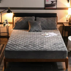 Crystal Velvet Thicken Quilted Mattress Cover Warm Soft Plush Queen King Quilted Bed Fitted Sheet Not Including Pillowcase