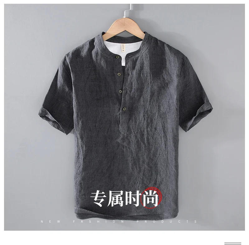 Description Picture 4 of itemVintage Shirt Summer Men Pure Linen Shirts Lazy Style Beach Pullover Top Men Causal Stand Collar Short Sleeve Shirt Breathable
