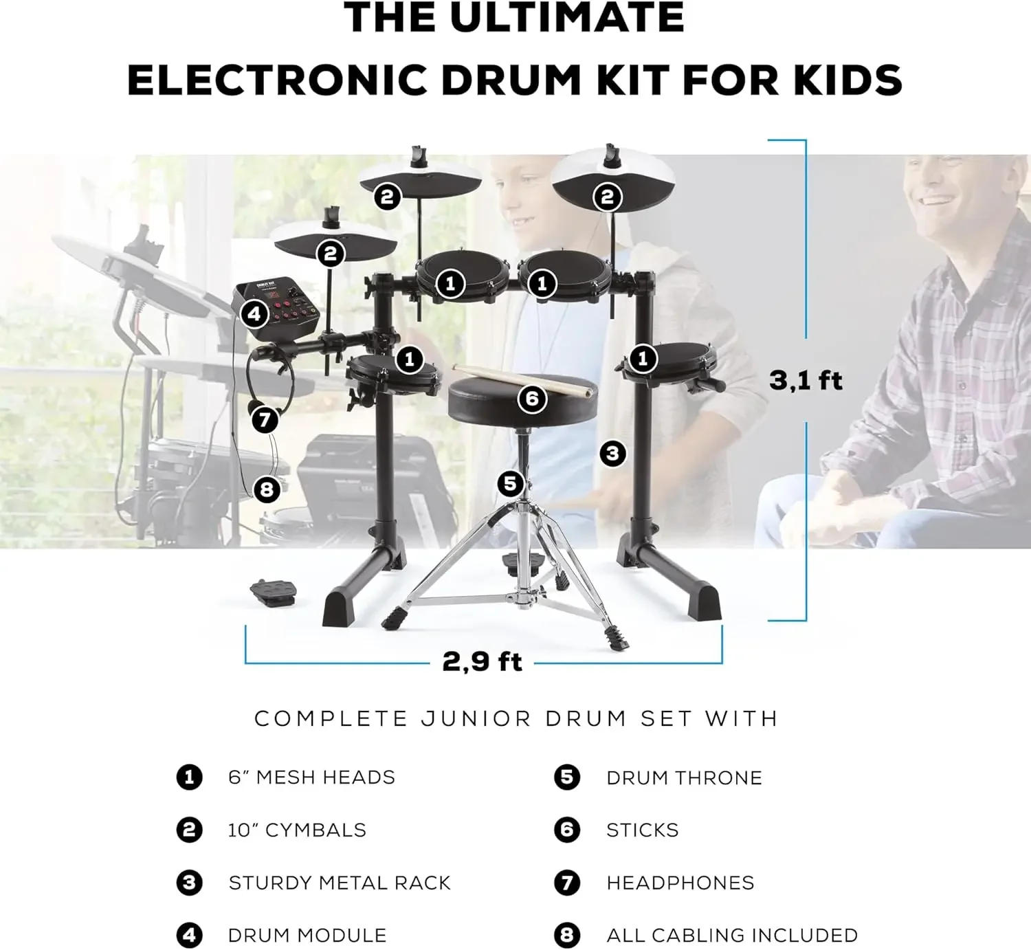 Description Picture 3 of itemDrums Debut Kit – Kids  Set With 4 Quiet Mesh Electric Pads, 120 Sounds,  Stool,  Sticks
