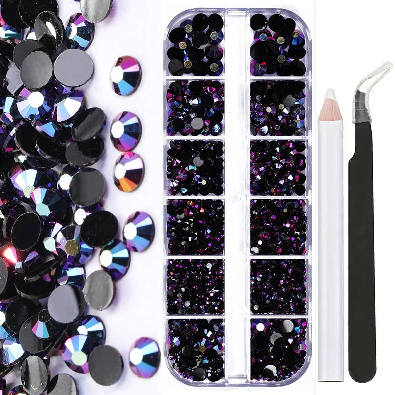 Description Picture 2 of itemNail Art Flat Back Black Crystal Beads Multi-Size Resin Rhinestones Lncludes Pick-Up Tweezer & Picking Pen For DIY Crafts