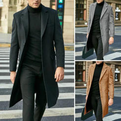 British Style Coat Knee-length Coat British Style Men's Autumn Winter Long Coat with Turn-down Collar Single-breasted Split