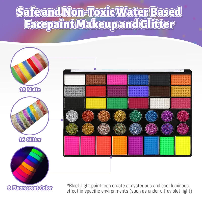 Description Picture 4 of item42-Color Facial Painting Kit,Vibrant Water-Acetated Face Painting Set for Parties,Birthdays & Halloween,Includes Brushes,Canvas