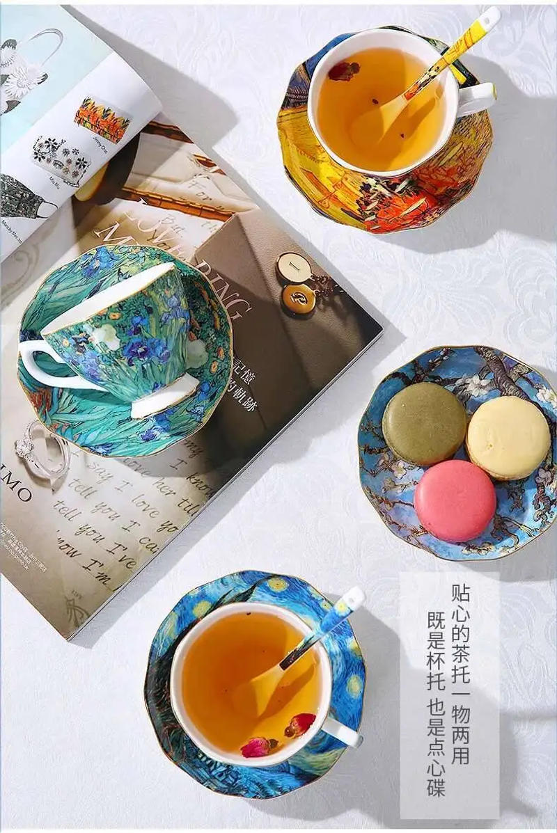 Description Picture 4 of itemBone Ceramics Van Gogh Art Painting Starry Night Sunflowers Sower Iris Saint-remy Tea Cups Mugs Coffee Cup Saucers Spoons Set