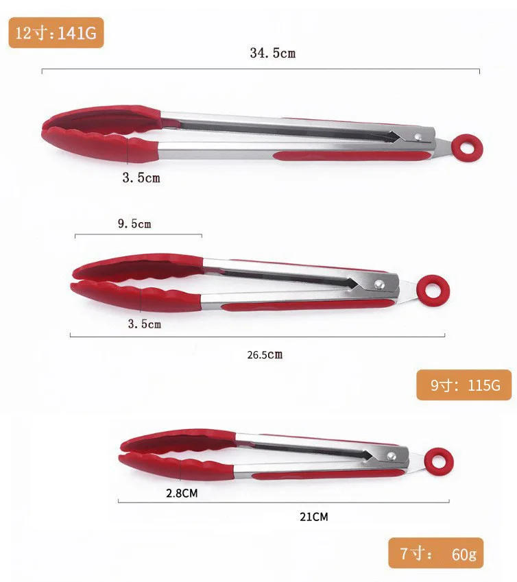 Description Picture 4 of item7/9/12 Inch Silicone Food Tong Stainless Steel Tongs Silicone Non-slip Cooking Clamp BBQ Salad Tools Grill Kitchen Accessories
