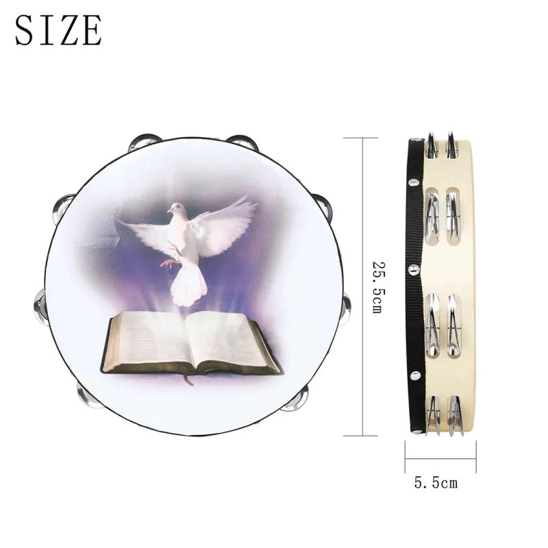 Description Picture 4 of item10 Inch Bible Peace Dove Tambourine Double Layered Hand Cranked Bell Drum Tambourine for Kids/Church/Wedding Musical Instrument
