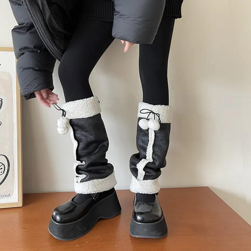 Description Picture 6 of itemPunk Thickened Lamb's Wool Suede Leg Warmers Ball PU Winter Warm Plush Knee Warmer Socks Cold Protective Y2k Boots Cover Socks