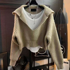 Korean Style Women's Sweater Winter Elegant Matching Long Sleeve Top Chic Casual Pullover Solid Blouse Knitwear Jumper Y2K Top