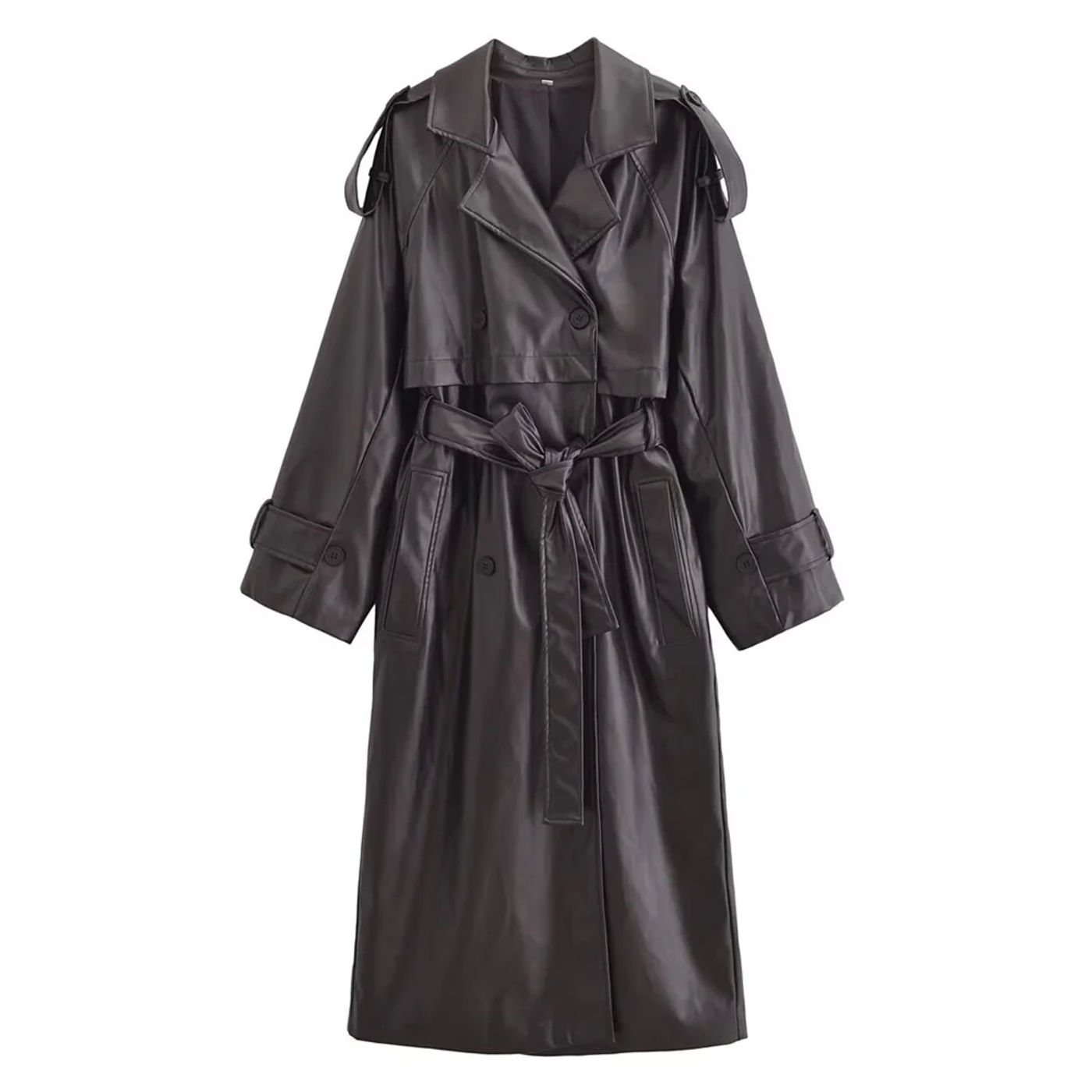 Description Picture 4 of item2024 RARF autumn new European and American style commuting lapel with belt faux leather loose long windbreaker jacket