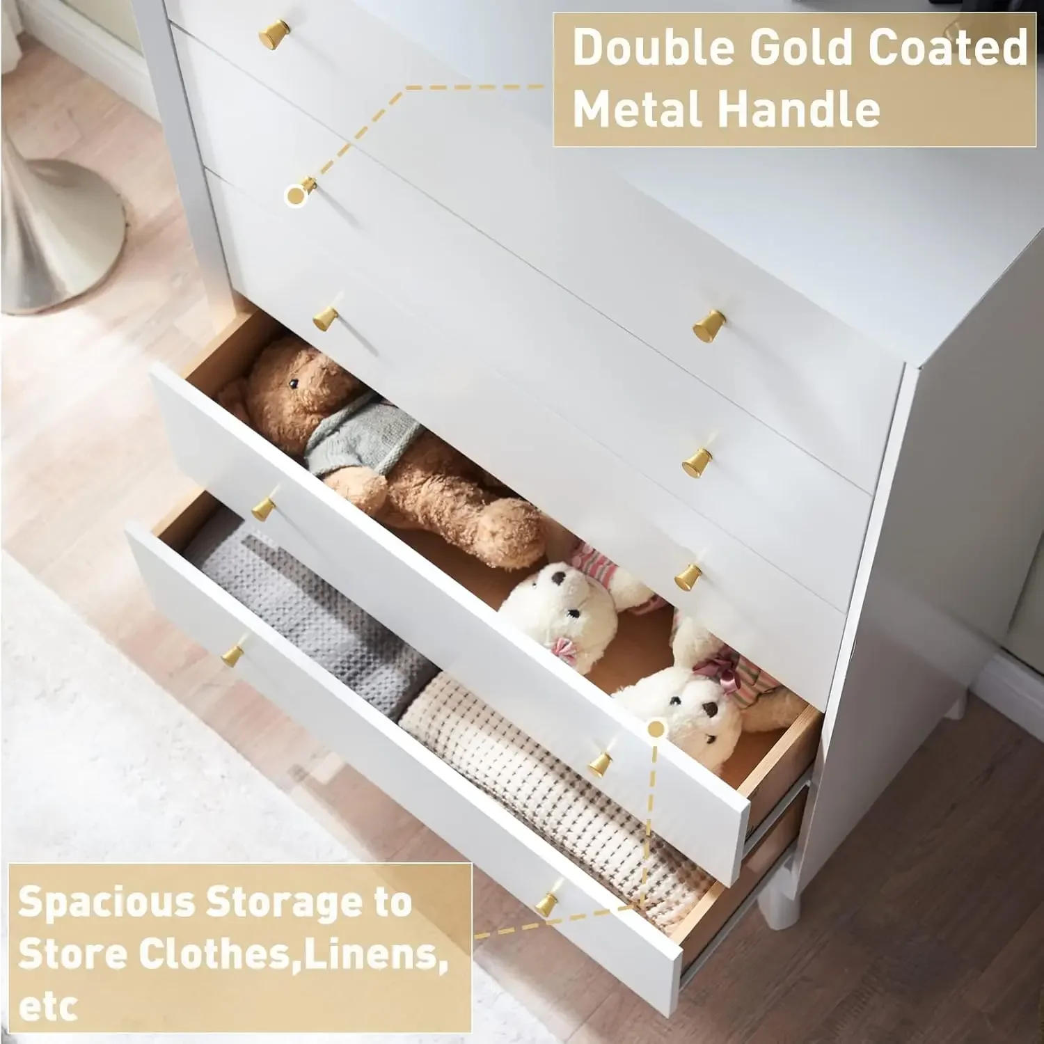 Description Picture 5 of item5 Drawer Dresser For Bedroom 48" Tall Mid-Century Modern Chest Of Drawers Beveled Profile Design Wood Drawer Organizer White