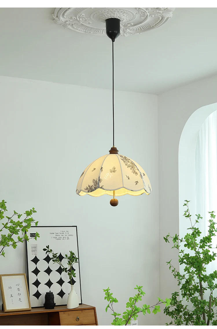 Description Picture 4 of itemFrench Medieval cream Patterned Fabric Pendant Light Solid Wood Restaurant Extendable Bar Counter Bedroom Study Chandeliers