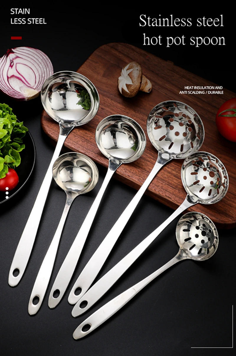 Description Picture 2 of itemLong Handle Stainless Steel Hot Pot Spoon Colander Kitchen Soup Ladle Skimmer Ramen Scoop Tablespoons Tableware Home Utensils