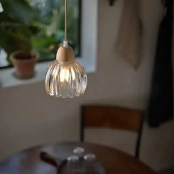 LED Retro E27Wooden Art Headboard Glass Pendant Light Flower Pendant Light Living Room Dining Room Staircase Glass Ceiling Light
