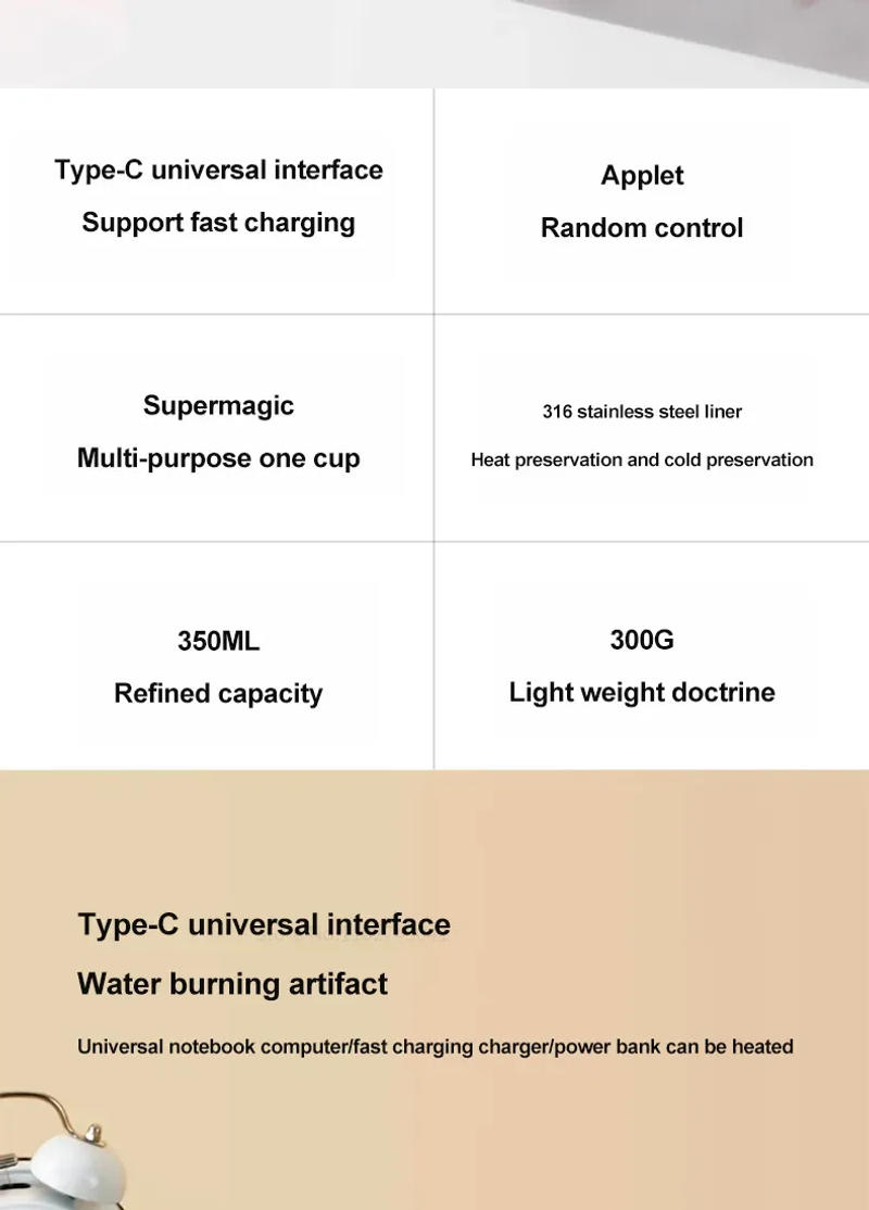 Description Picture 4 of itemMini Electric Cup Type-C 350ml Portable Hot Water Boiler Heater USB Hot/Hot Cup/Bottle Winter Warm Water Cup Gift