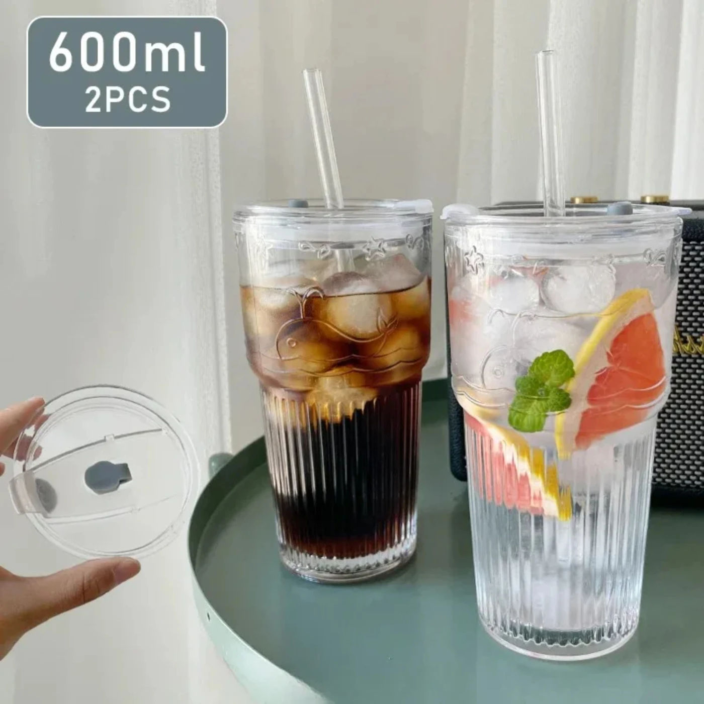 Description Picture 2 of item2pcs 600ml Stripe Glass Cup with Lid and Straw Transparent Drinking Glasses  Juice Water and Iced Coffee Cups Drinkware Mug