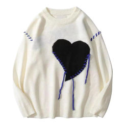 Fall Winter Sweater Heart Applique Loose Round Neck Long Sleeve Knitted Pullover Elastic Soft Warm Unisex Daily Couple Sweater